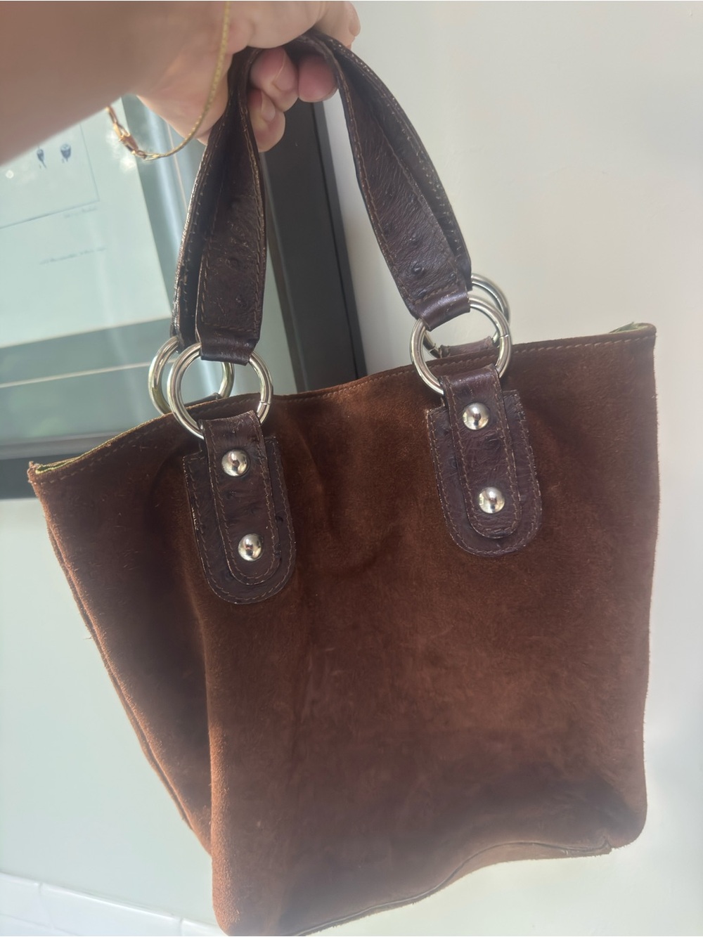 Maurizio Tatuti Italian Women’s Brown Suede Small Tote Bag with Leather Handles - Picture 5 of 6